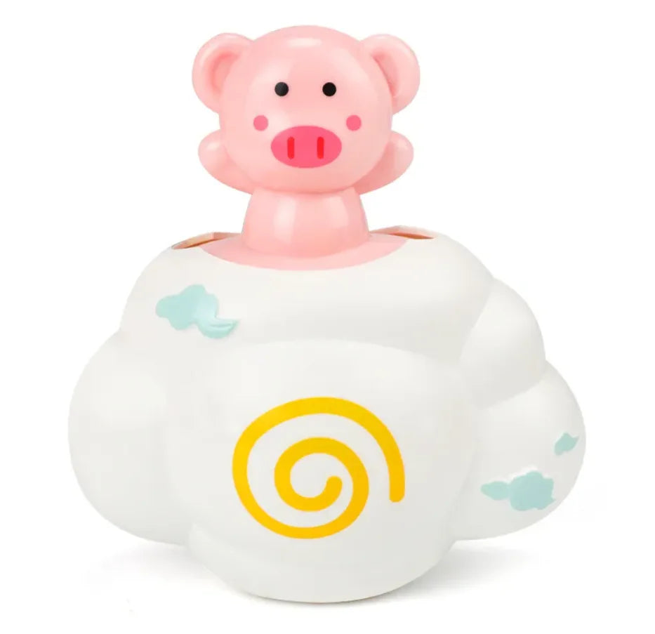 Pink piggy-shaped toy with a white cloud base on a white background