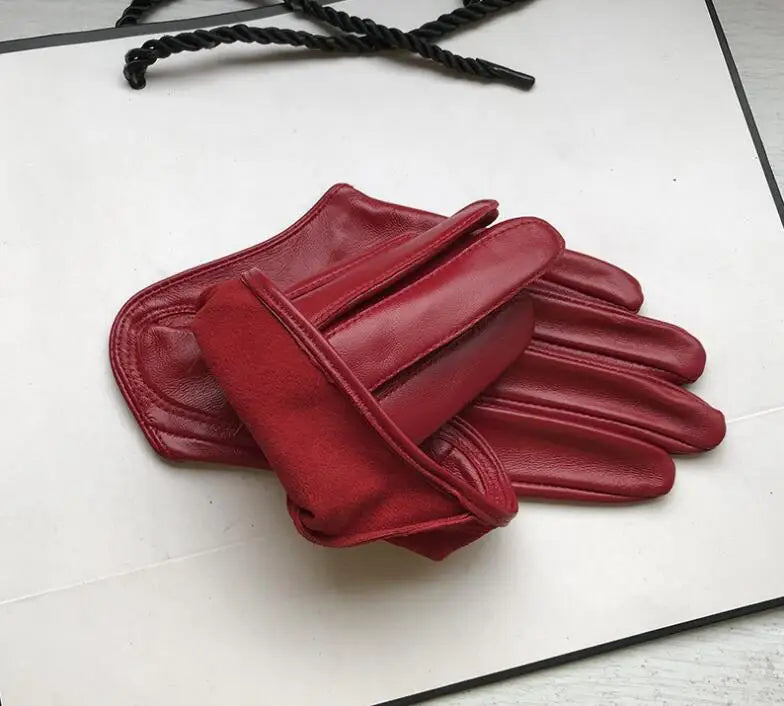 Guantes cortos de piel de oveja para mujer, otoño-invierno, diseño de media palma