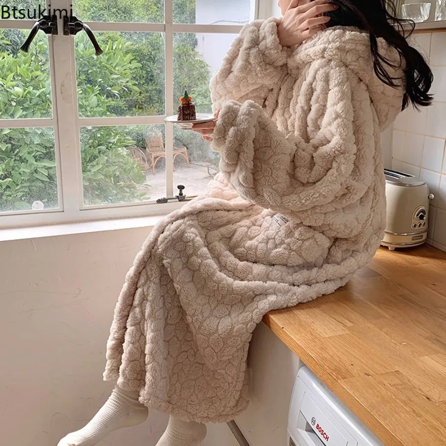 Winter Hooded Fleece Robe - Warm Pocket Nightgown