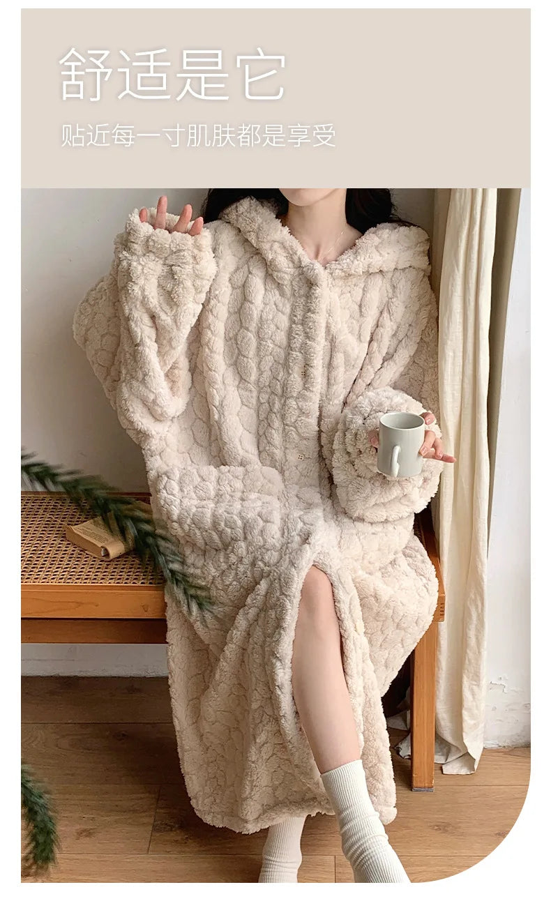 Winter Hooded Fleece Robe - Warm Pocket Nightgown