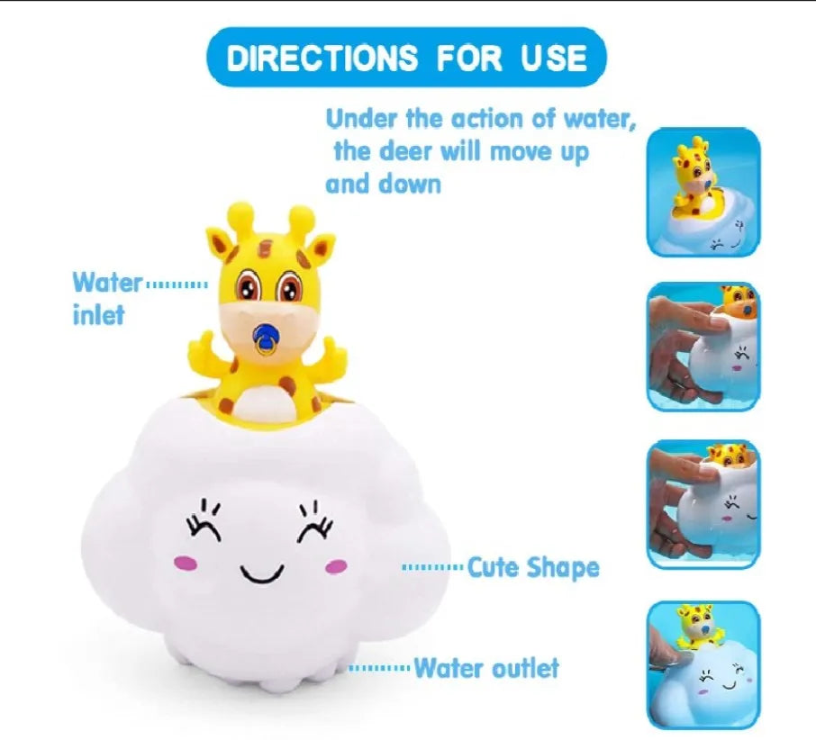 Instructions for using a toy with a cartoon deer character on a cloud, showing water inlet and outlet.