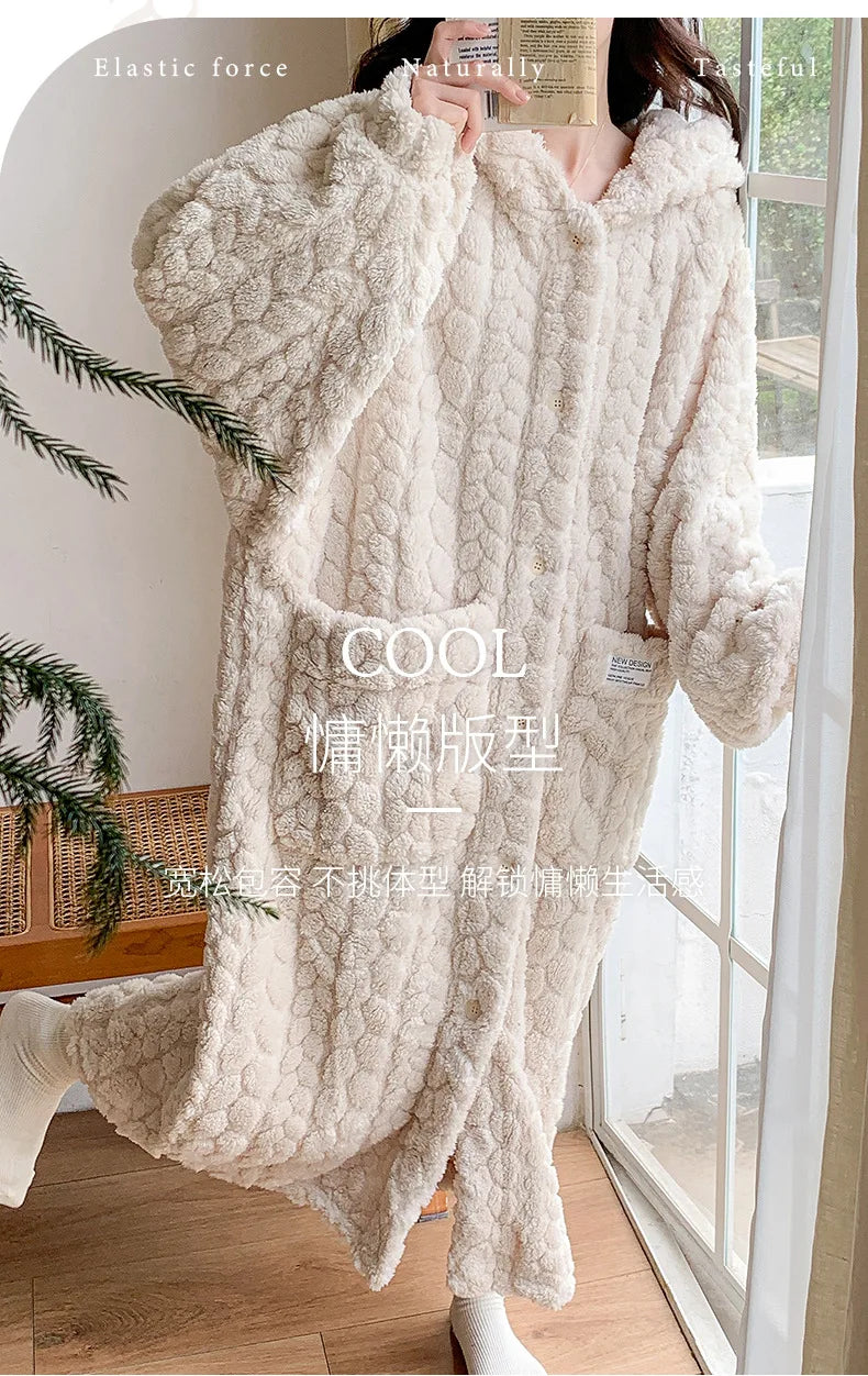 Winter Hooded Fleece Robe - Warm Pocket Nightgown