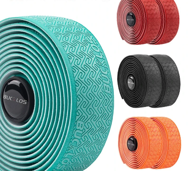 Bicycle rim tape in teal, red, black, and orange with BUCKLOS branding.