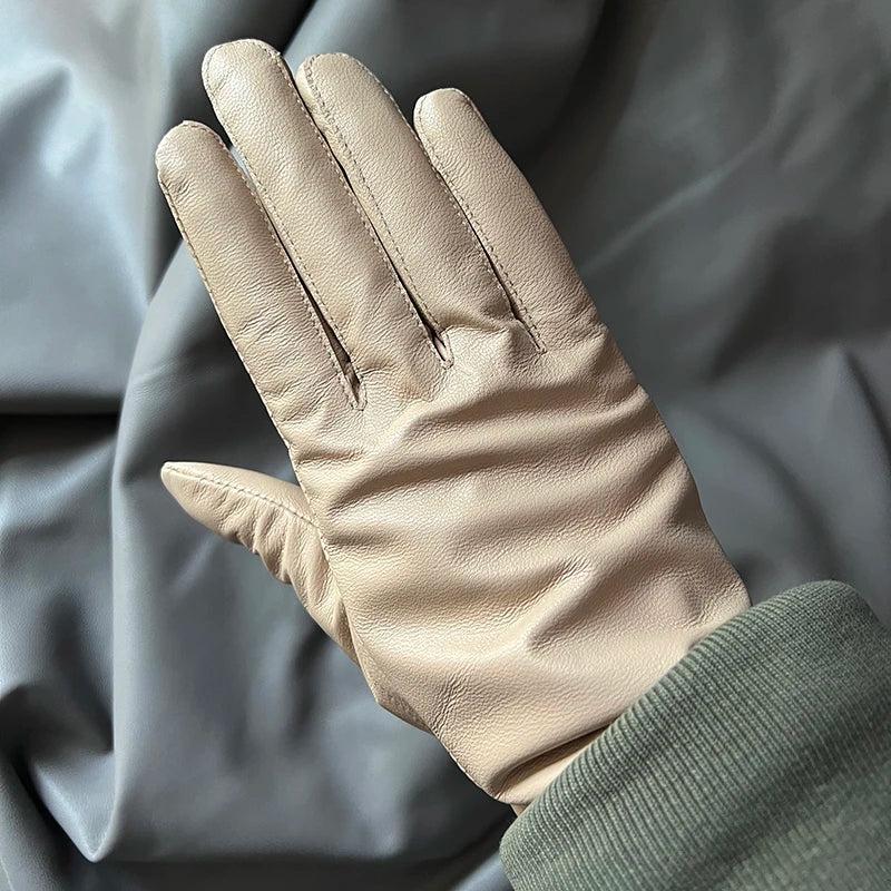 Guantes elegantes de piel de cordero con forro fino para mujer - Piel de oveja auténtica