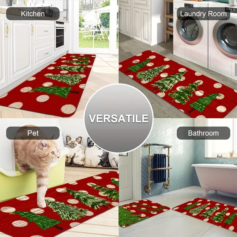 Red Grid Santa Claus Kitchen Floor Mat - Christmas Welcome Rug
