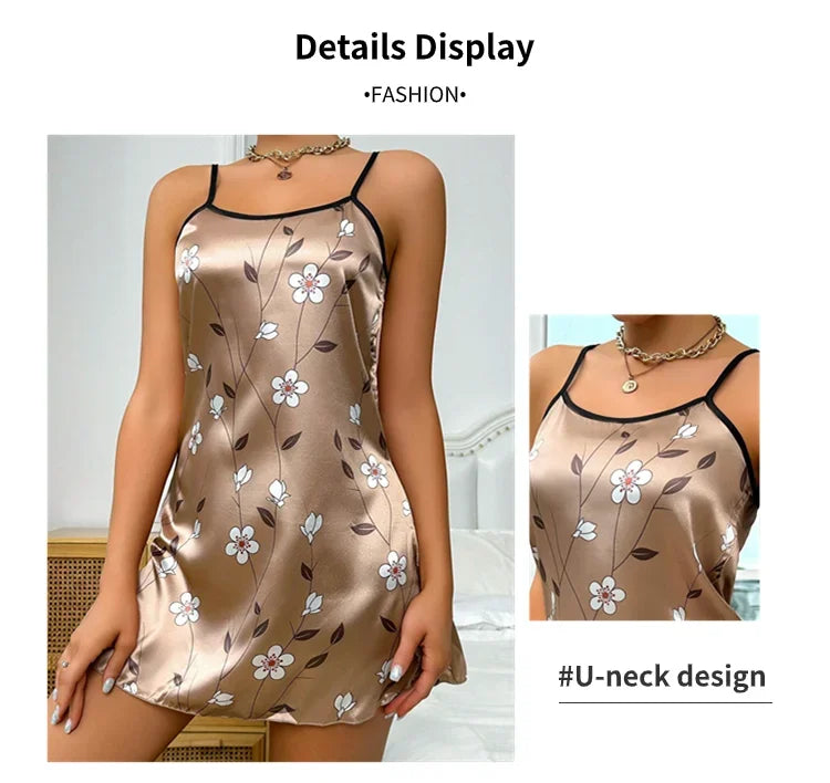 Floral Print Satin Nightgown - Backless Slip Night Dress