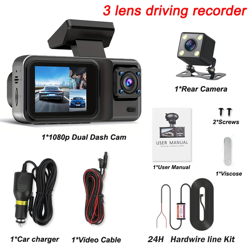 3 Channel Dash Cam for Cars - 1080P Video Recorder