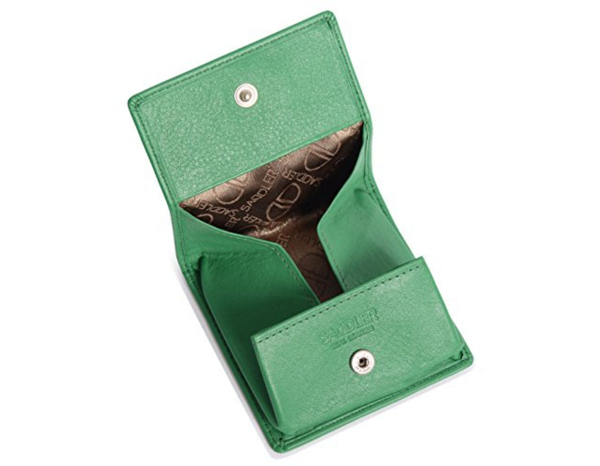 Green leather wallet with a patterned interior on a white background