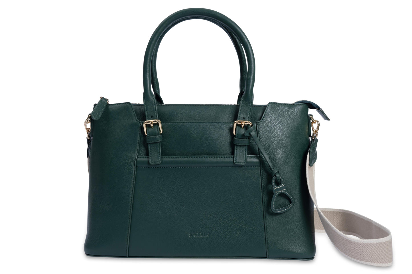 Green handbag with a strap on a white background