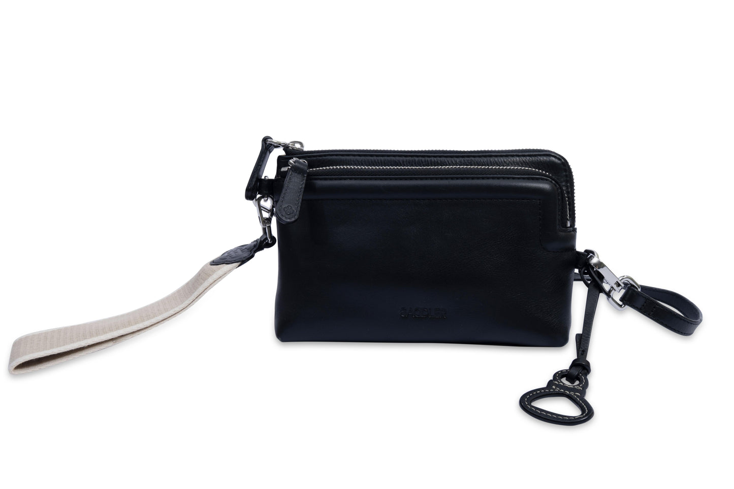 Black leather wristlet with strap and keychain on a white background