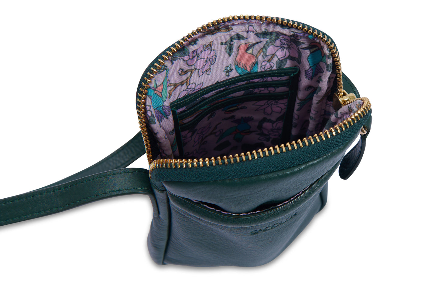 Green crossbody bag with floral interior pocket on a white background