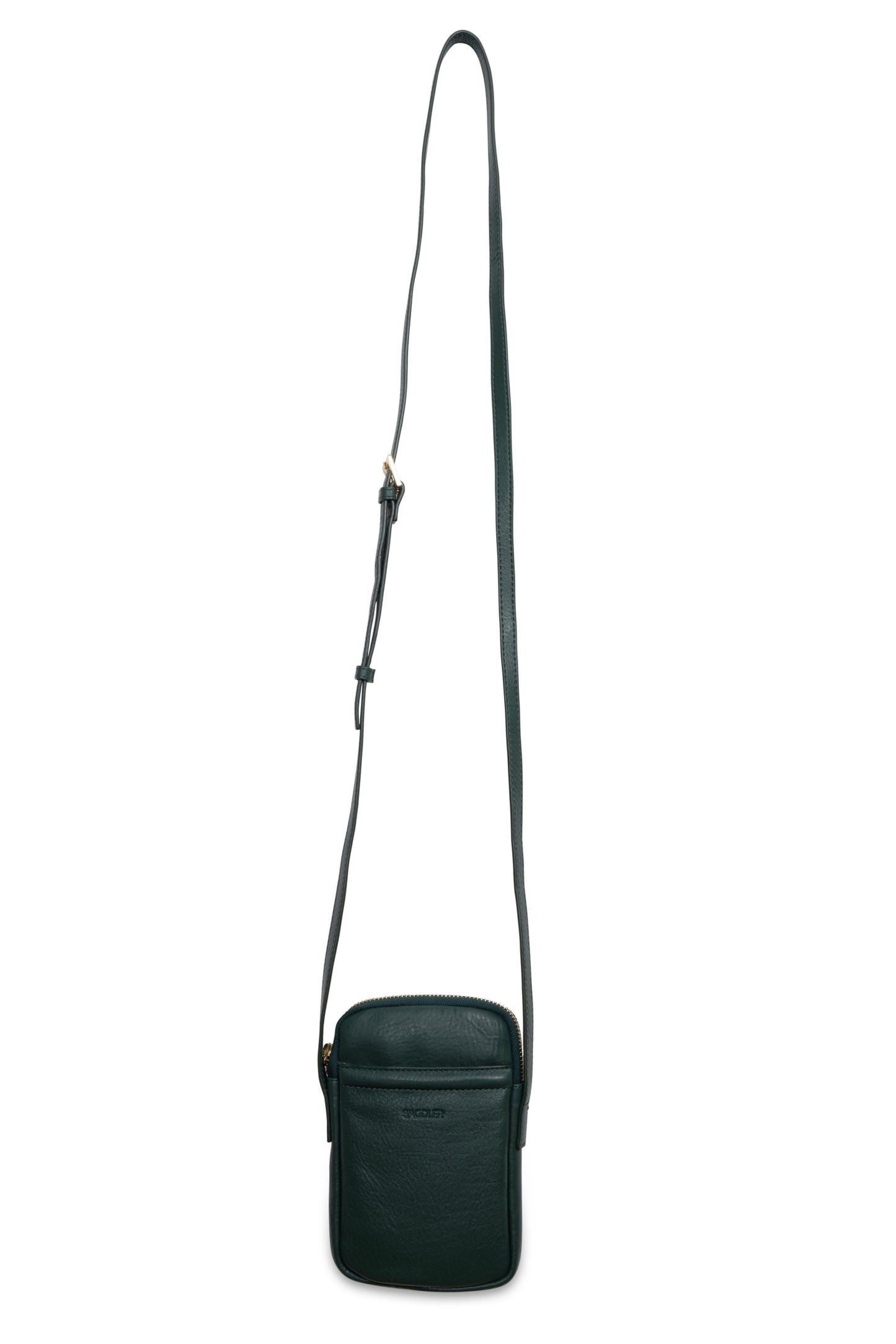 Black crossbody bag with a strap on a white background