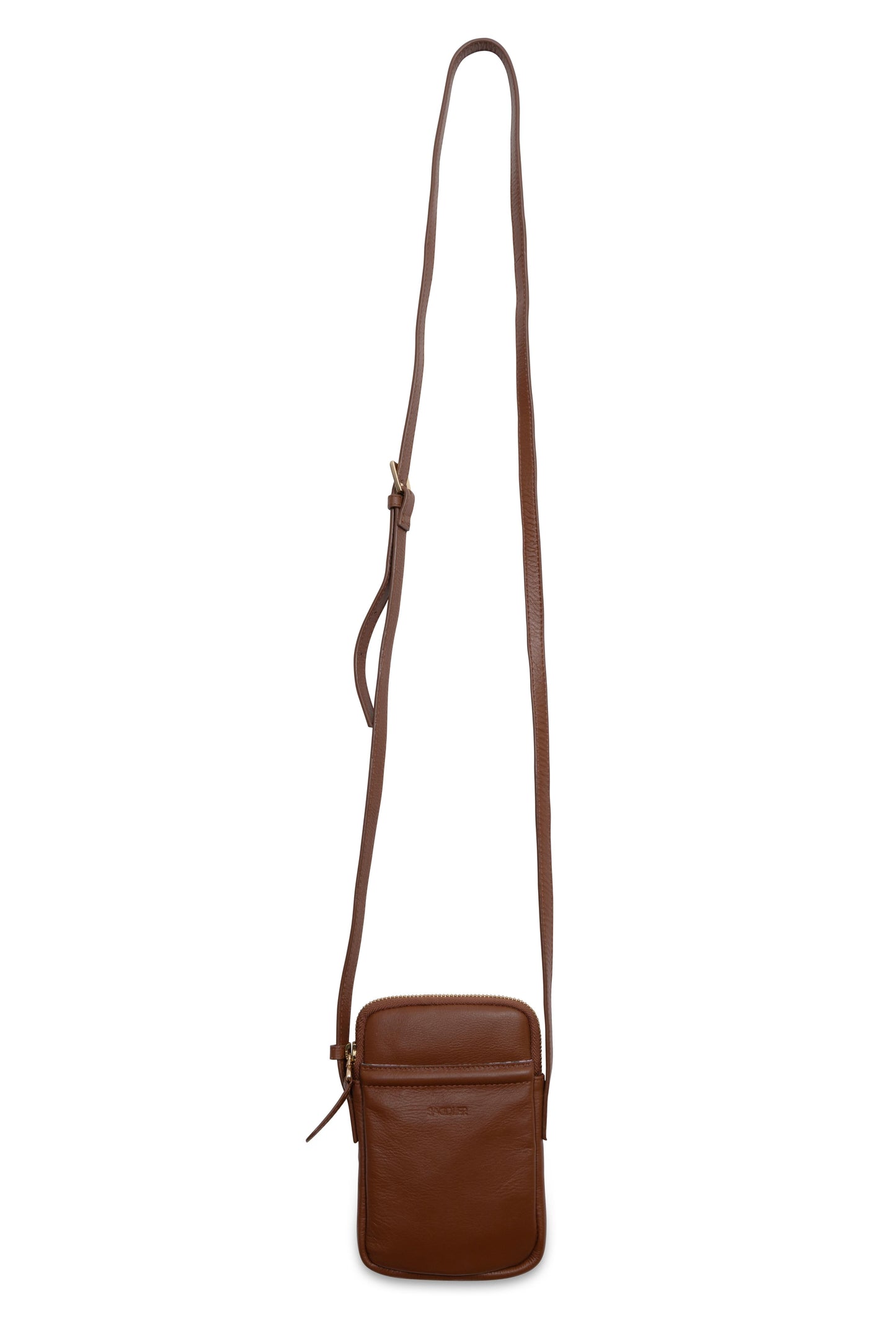 Brown leather crossbody bag with a strap on a white background