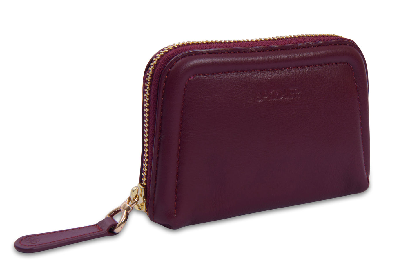 Purple wallet with gold zipper on a white background