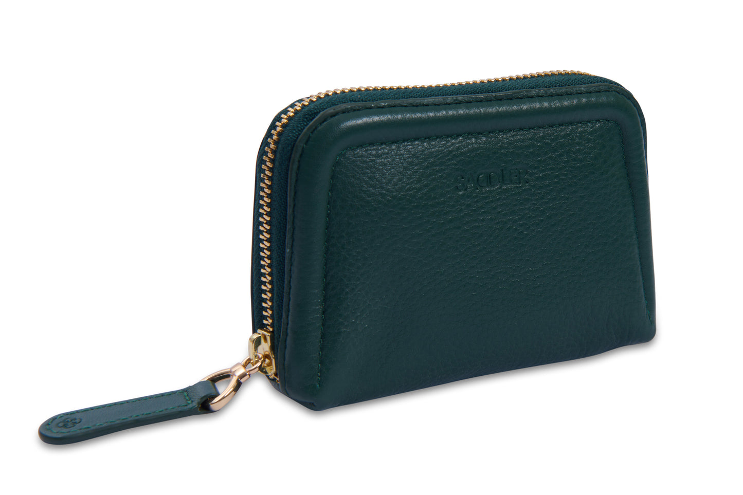 Green wallet with a gold zipper on a white background