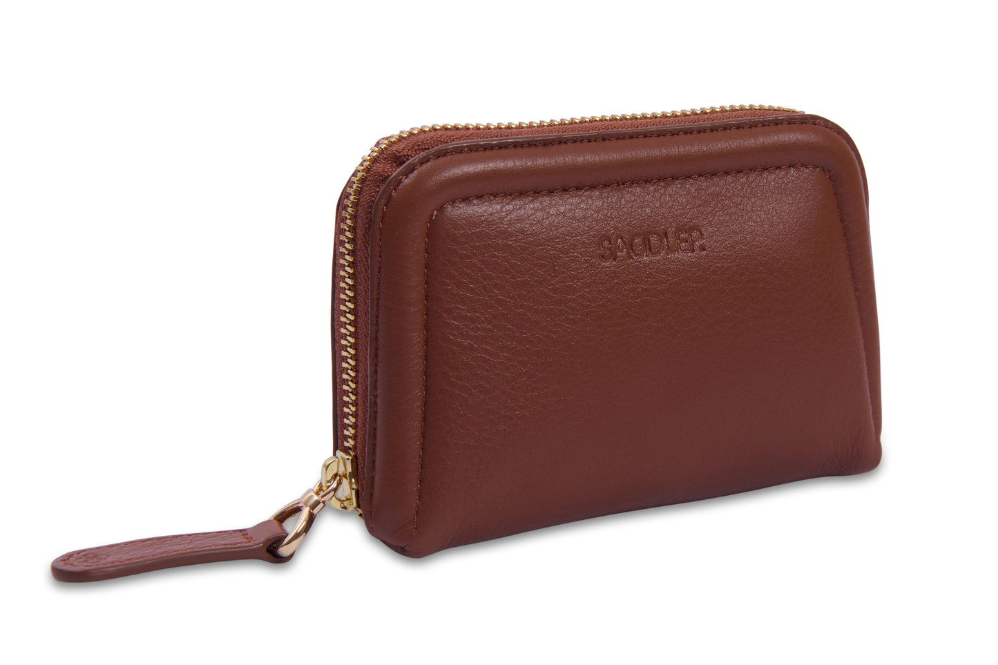 Brown leather wallet with gold zipper on a white background