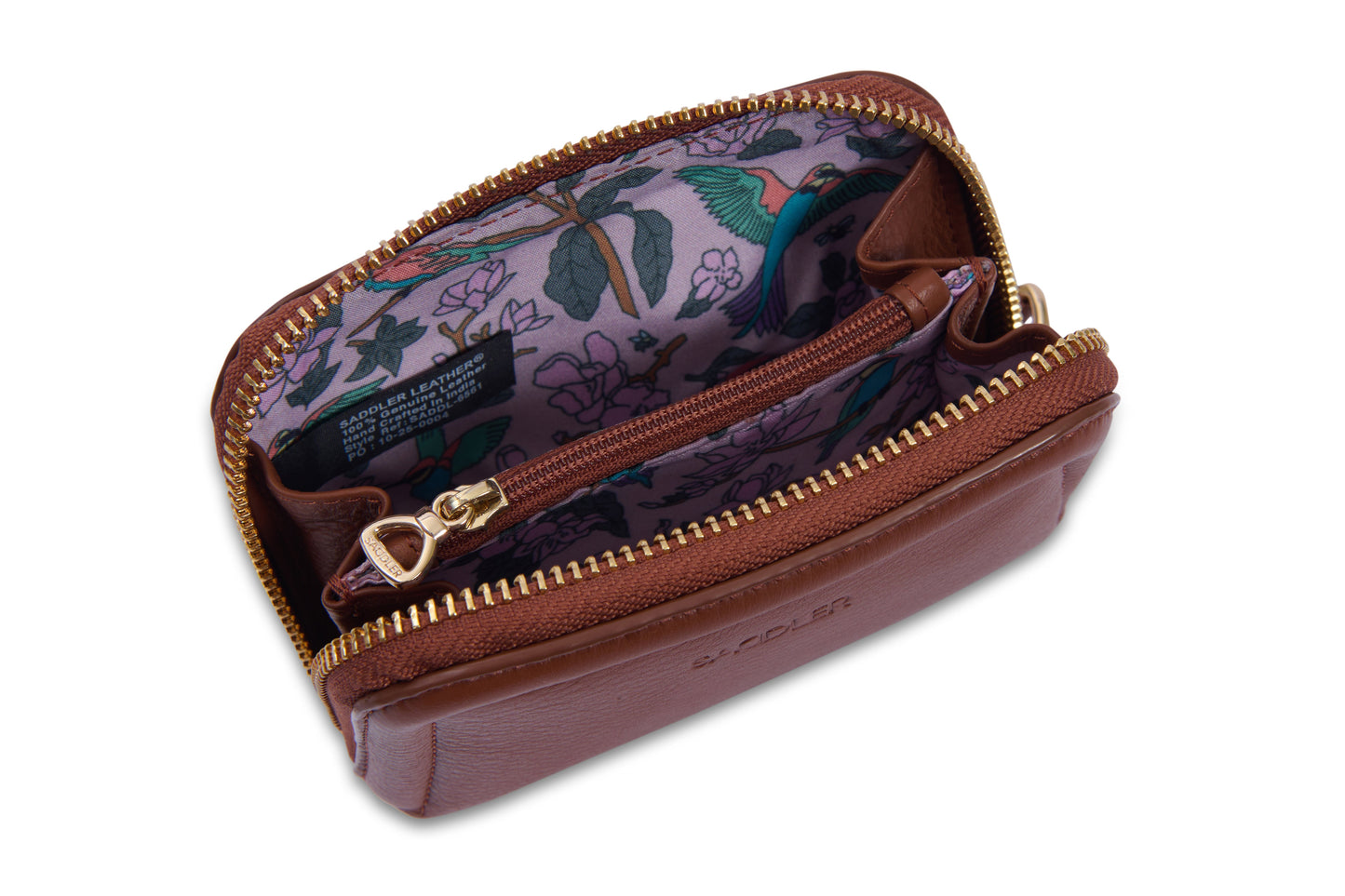Open brown leather wallet with floral lining on a white background