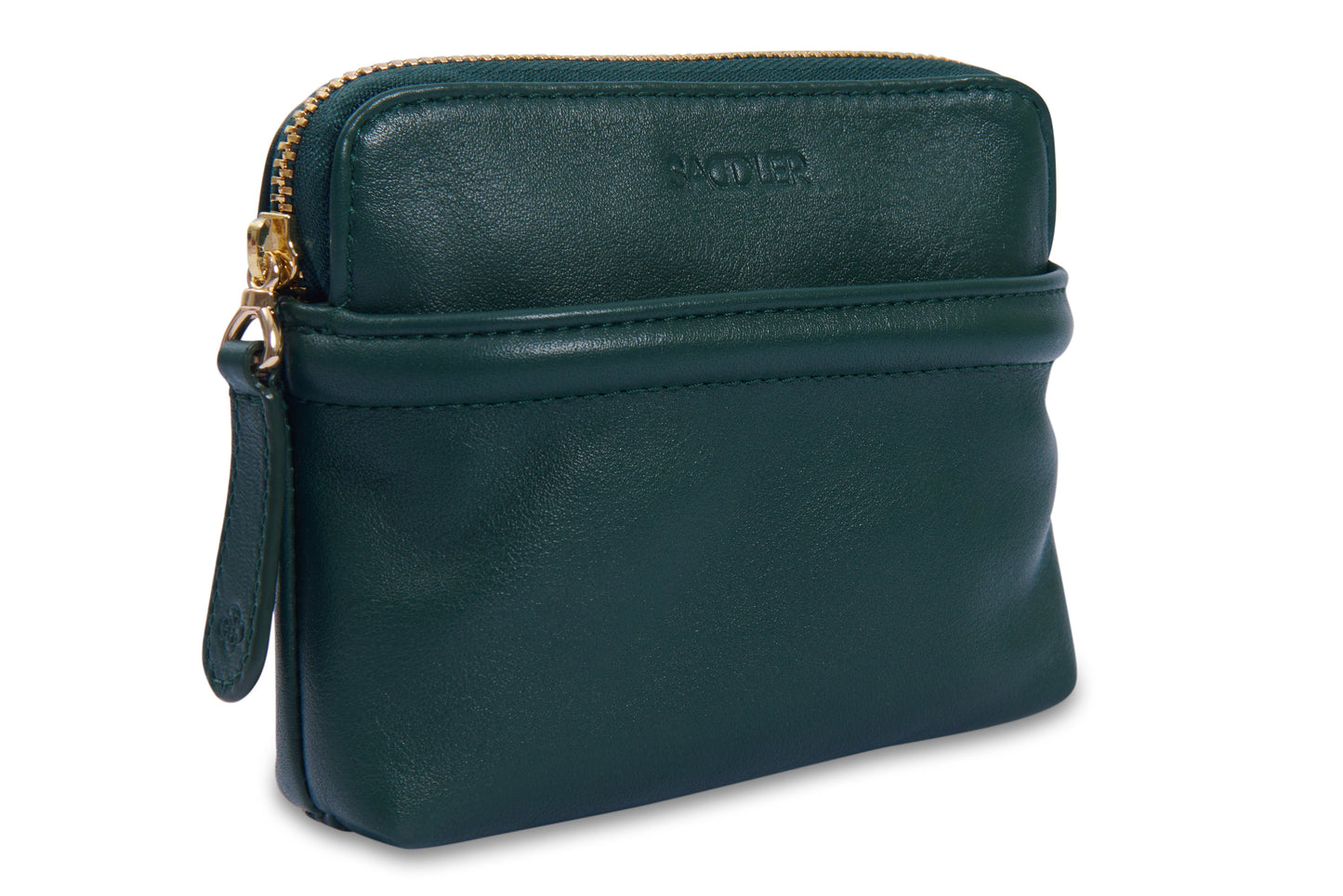 Green leather pouch with a gold zipper on a white background