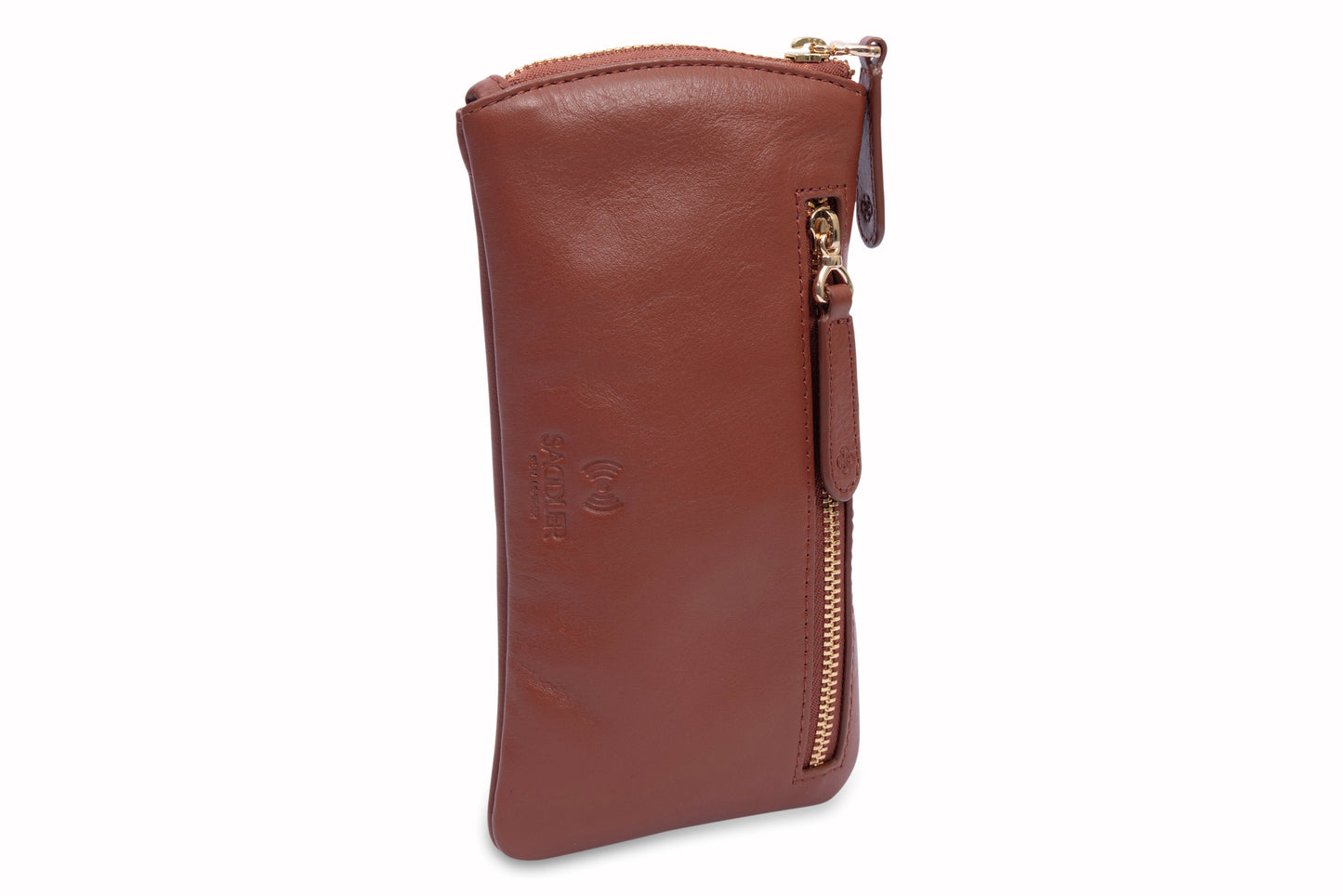 Brown leather wallet with a zipper on a white background