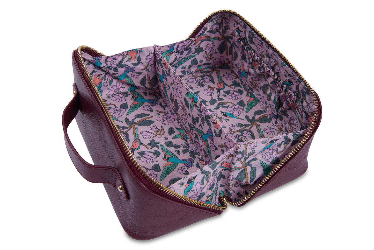 Open suitcase with floral interior on a white background