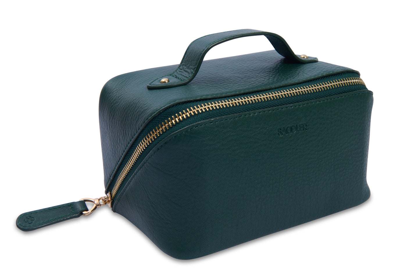 Green toiletry bag with gold zipper on a white background