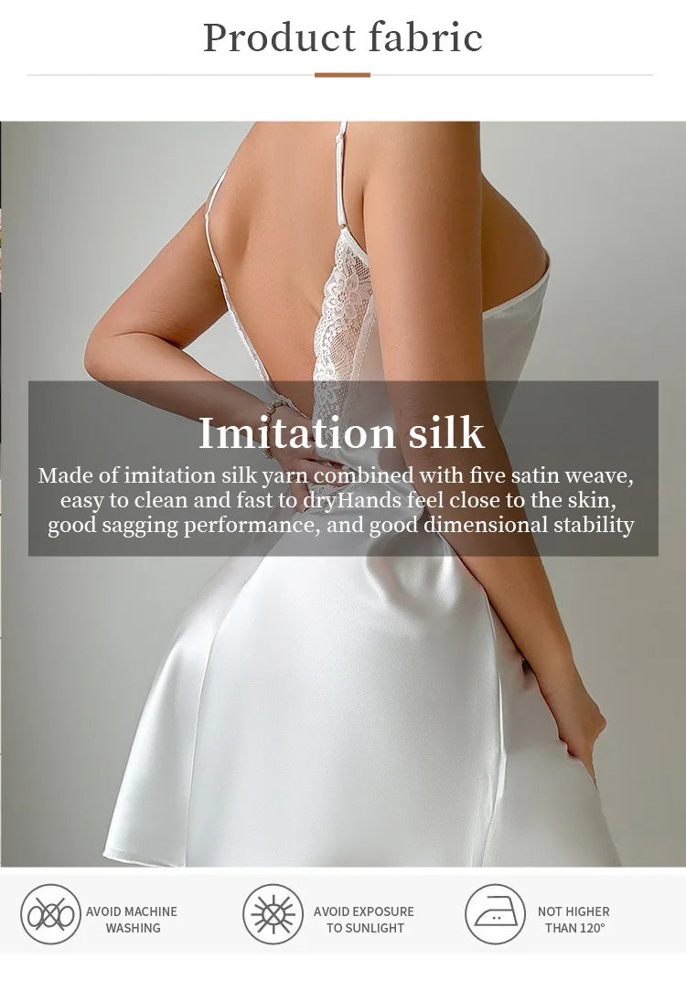 Lace Satin Slip Nightgown - Backless Spaghetti Strap Dress