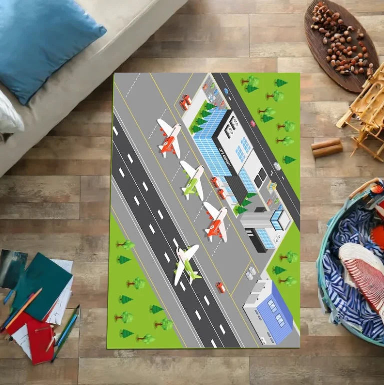 Airport Landing Strips Kids Play Rug - 3D Aircraft Carpet