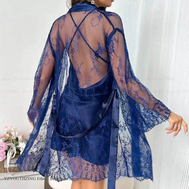 Bridal Silk Satin Robe Set - Lace Nightgown and Bathrobe