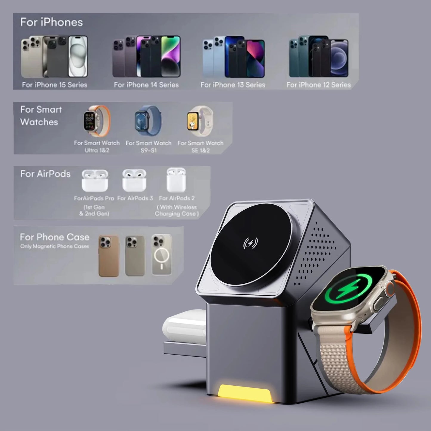 3-in-1 Wireless Charger 15W - Auto Rotation Pop-up Design