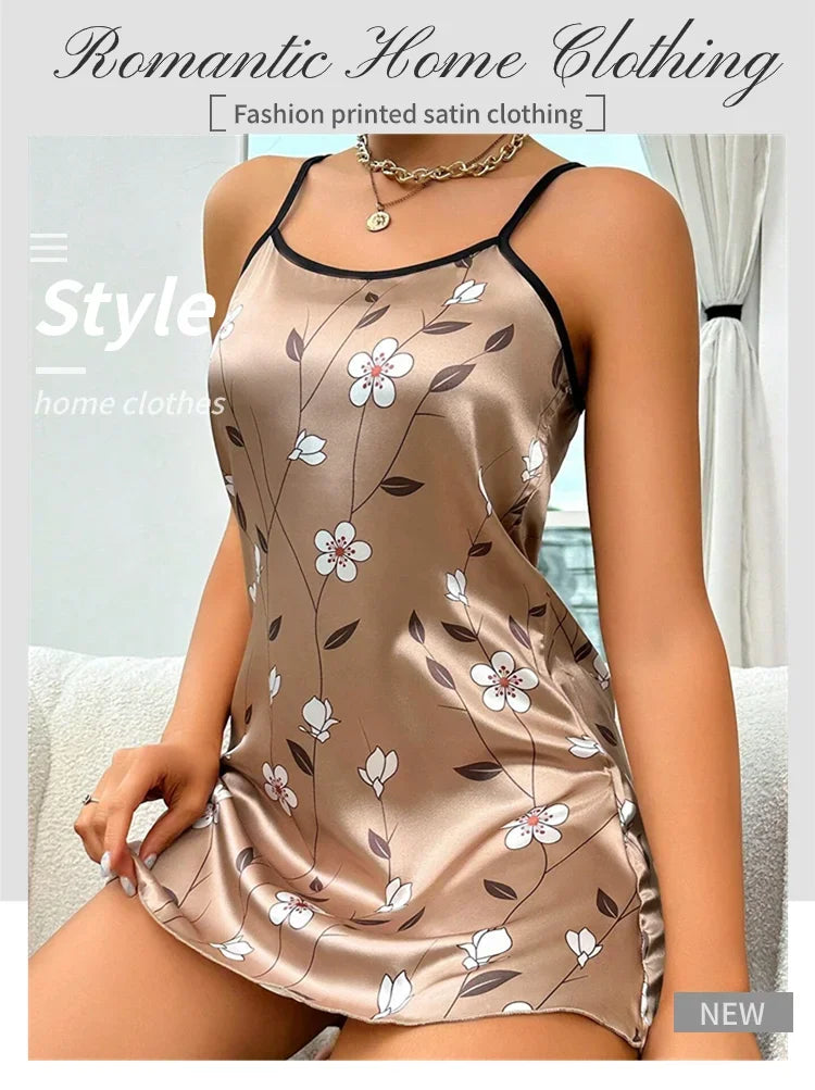 Floral Print Satin Nightgown - Backless Slip Night Dress