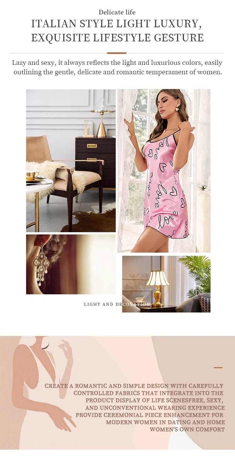 Heart Print Satin Nightdress - Criss Cross Back Sleep Dress