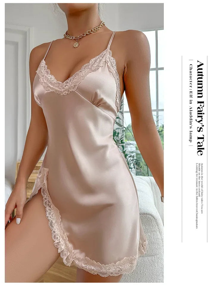 Lace Trim Leopard Nightdress - V-Neck Backless Slip Dress