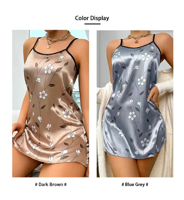 Floral Print Satin Nightgown - Backless Slip Night Dress