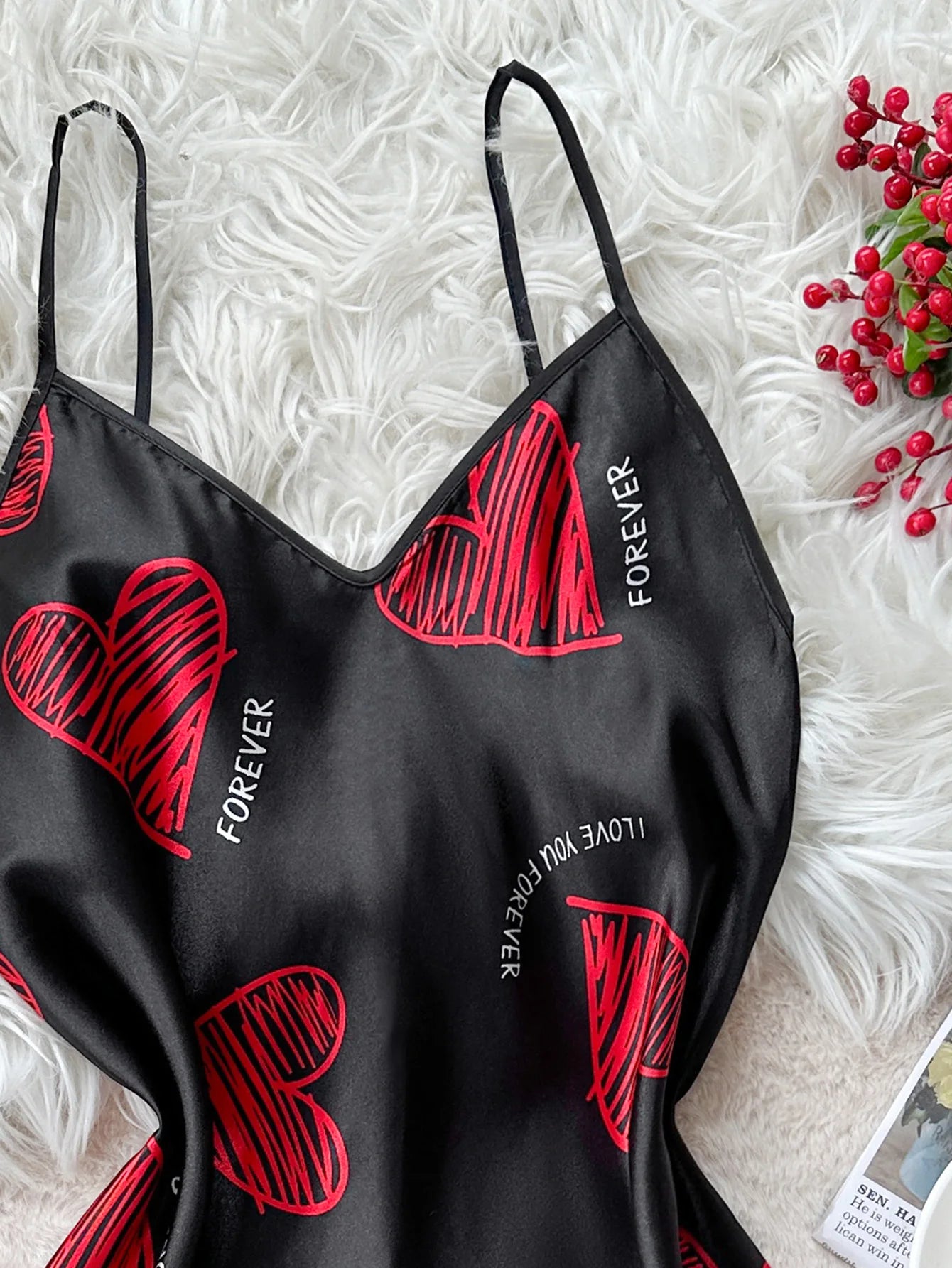 Red Lip Print Satin Slip Nightdress - V-Neck Backless Sleepwear