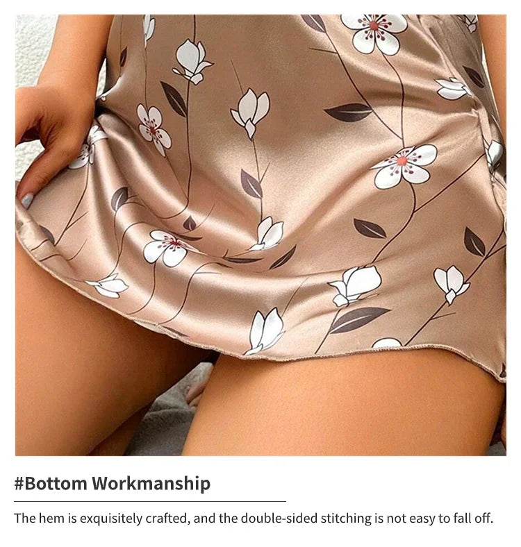 Floral Print Satin Nightgown - Backless Slip Night Dress