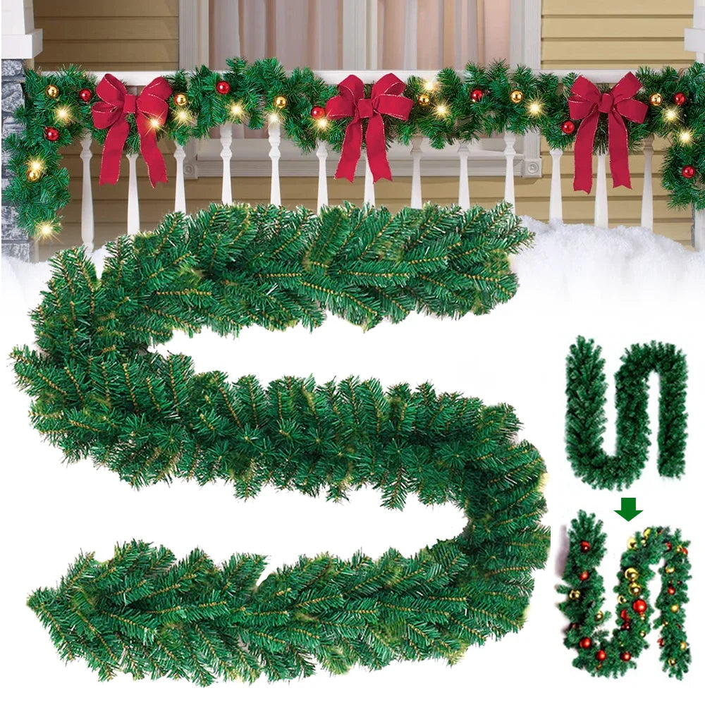 Christmas garland with red bows and lights on a railing, with additional garland pieces displayed below.