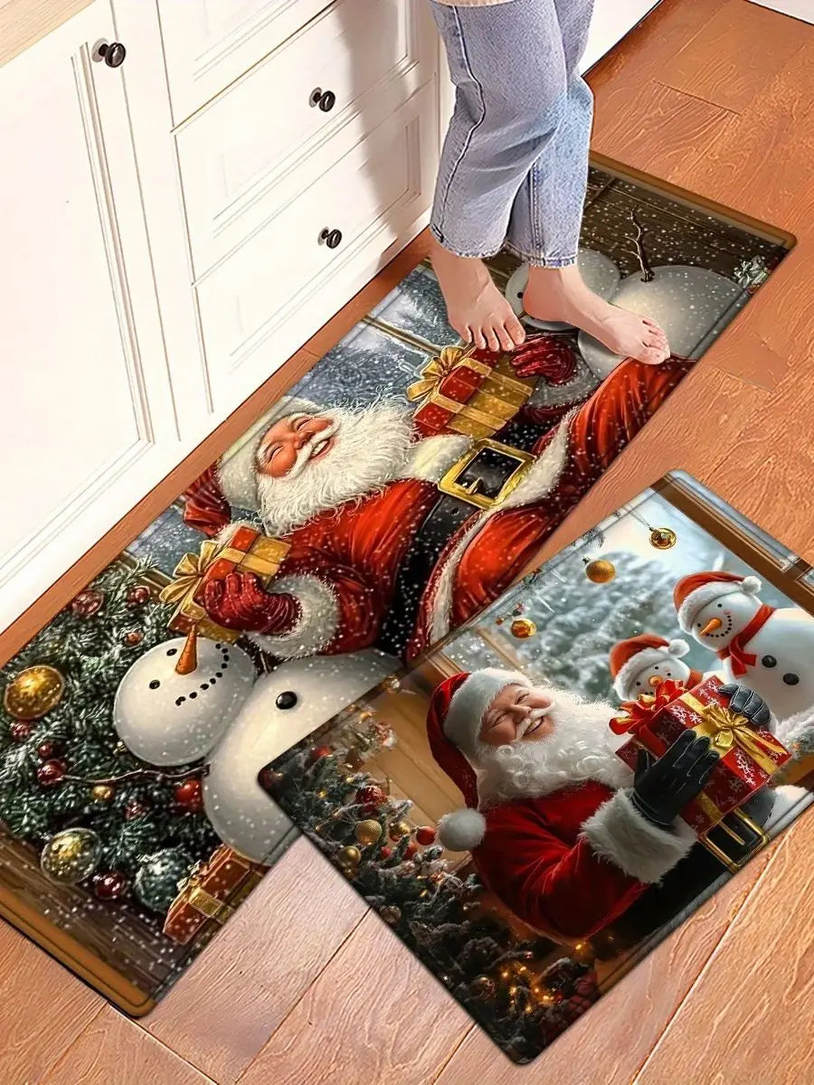 Red Grid Santa Claus Kitchen Floor Mat - Christmas Welcome Rug