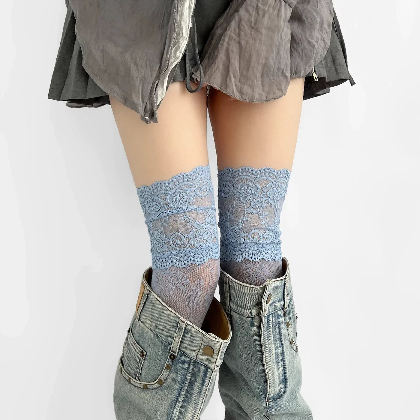 Women's Flower Lace Fishnet Thigh High Stockings - Sweet Frilly Trim