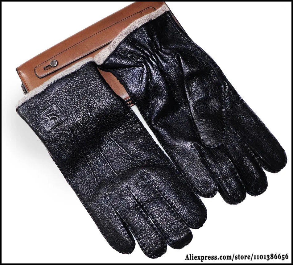 Guantes de piel auténtica de ciervo con textura - Unisex con forro de lana