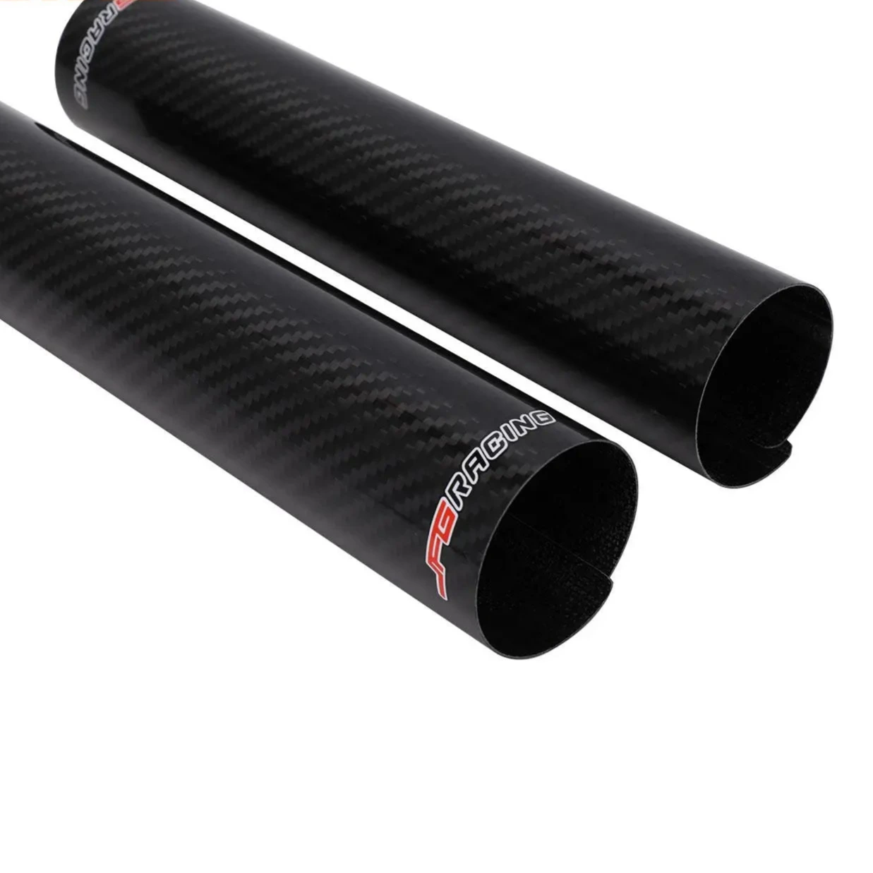 Two black carbon fiber tubes with 'SX Racing' branding on a white background.