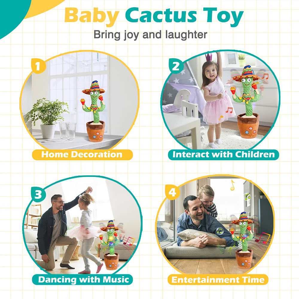Baby cactus toy with various uses including home decoration, interacting with children, dancing with music, and entertainment time.