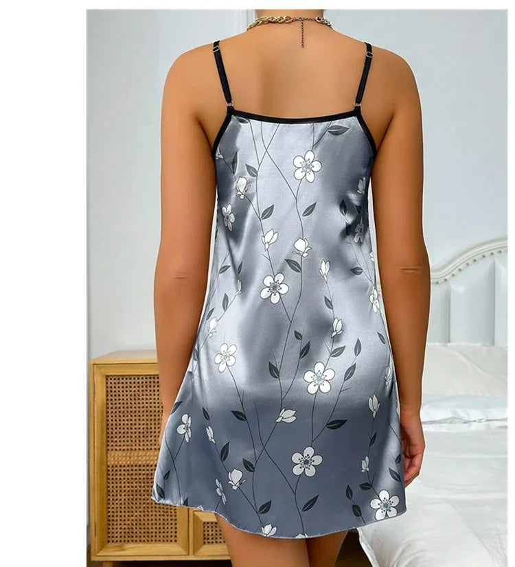 Floral Print Satin Nightgown - Backless Slip Night Dress