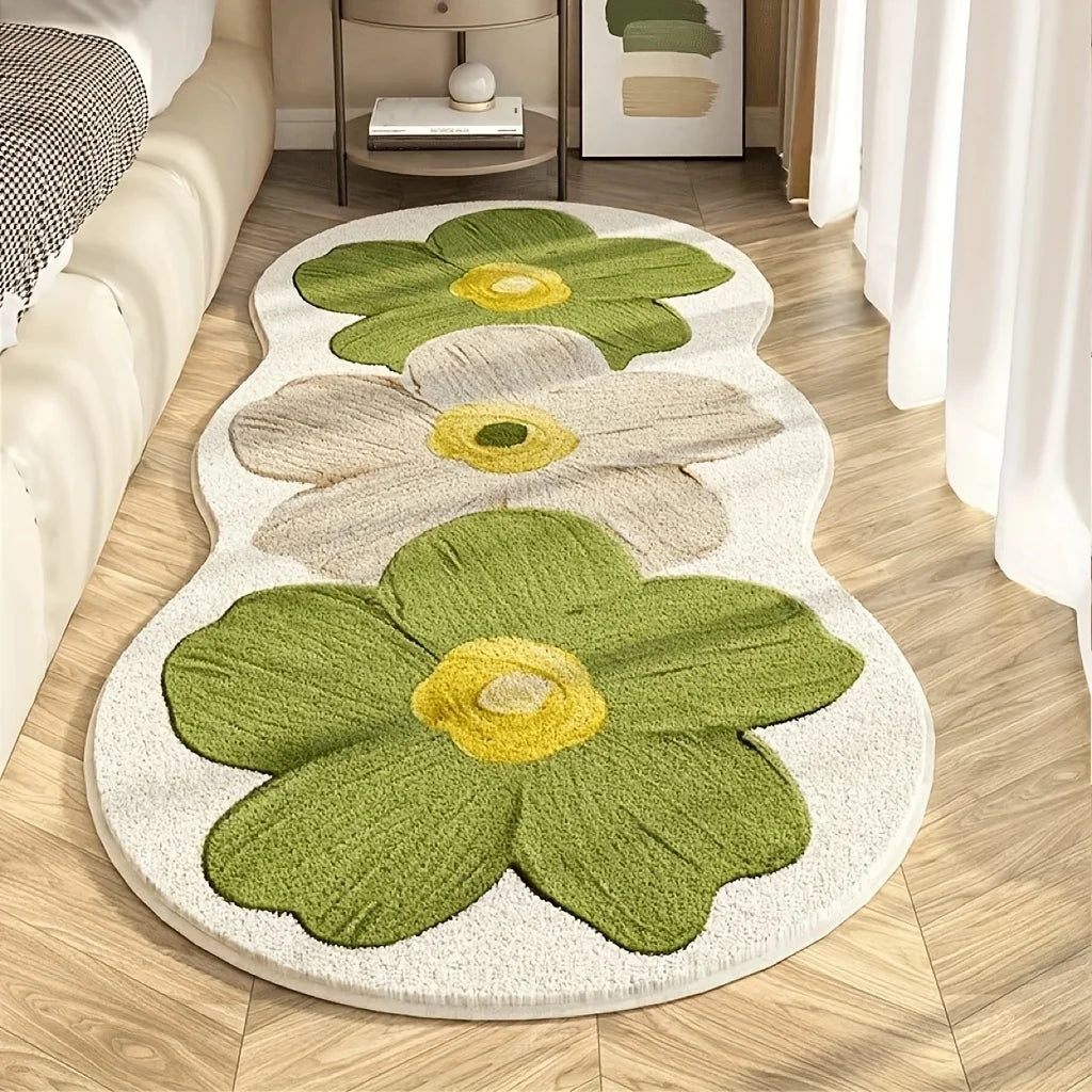 Nordic Style Floral Area Mat - Blue and Beige Bedroom Rug