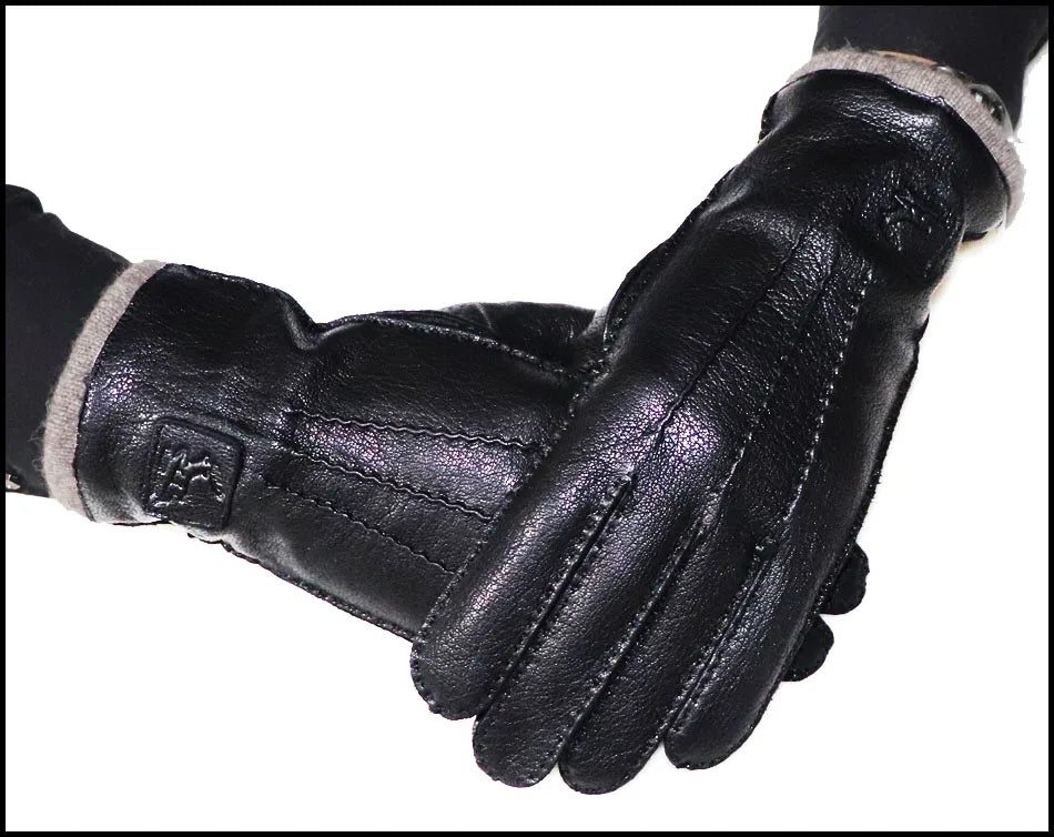Guantes de piel auténtica de ciervo con textura - Unisex con forro de lana