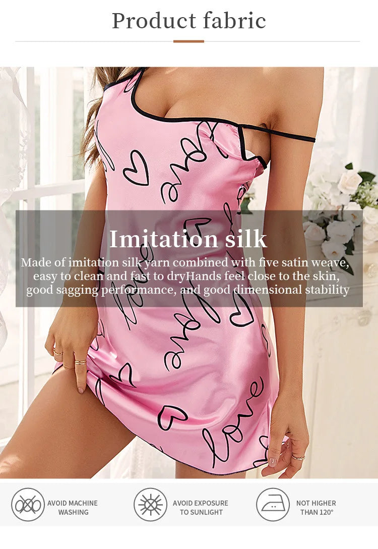 Heart Print Satin Nightdress - Criss Cross Back Sleep Dress