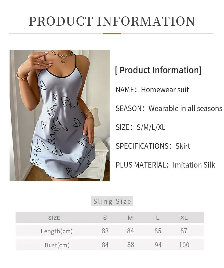 Heart Print Satin Nightdress - Criss Cross Back Sleep Dress