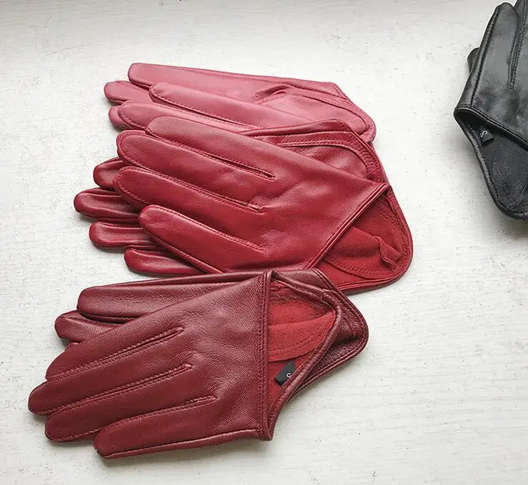 Guantes cortos de piel de oveja para mujer, otoño-invierno, diseño de media palma