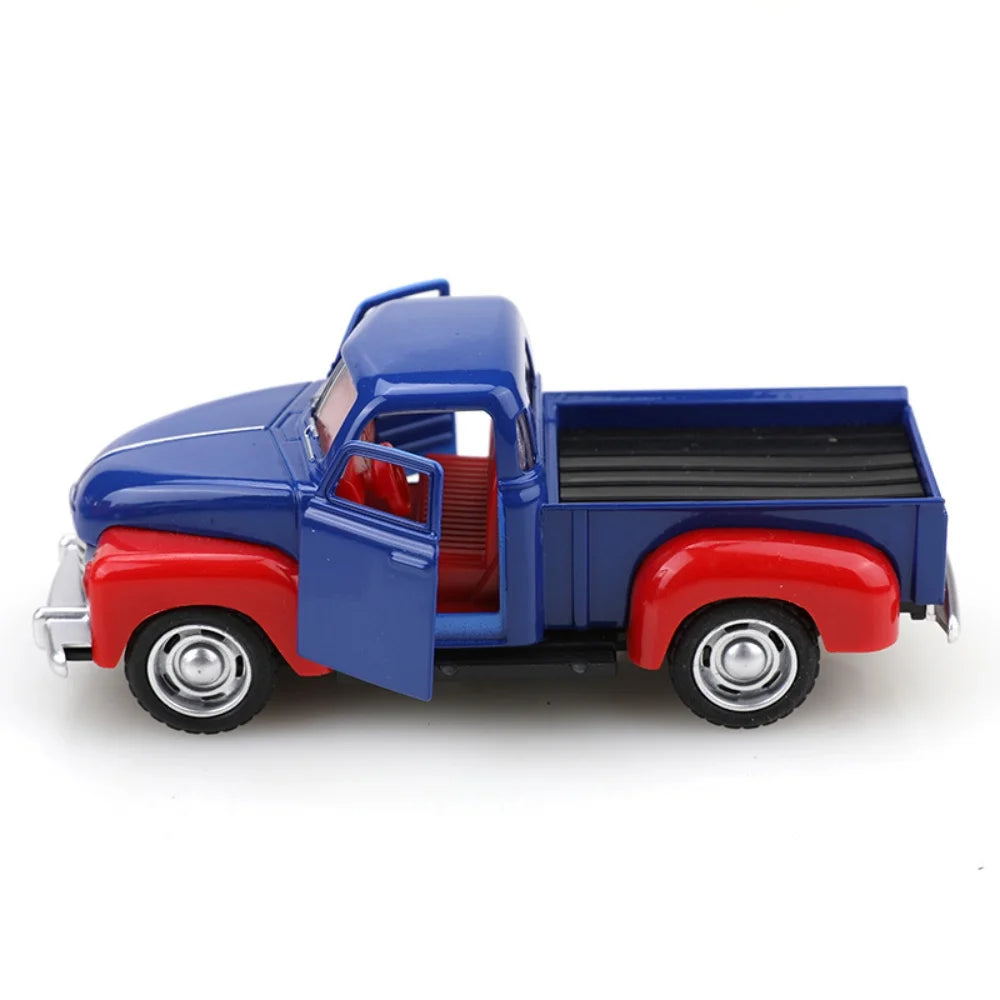 Model of a blue and red truck on a white background