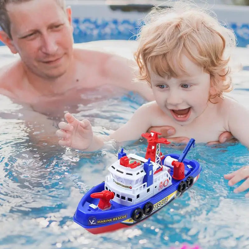 Child playing with a toy boat in a pool with an adult nearby