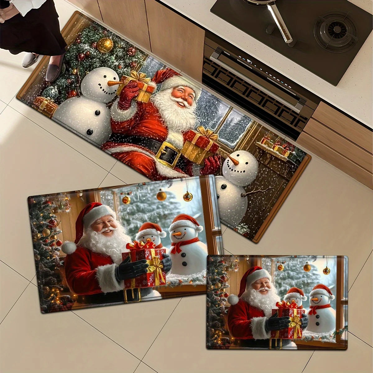 Red Grid Santa Claus Kitchen Floor Mat - Christmas Welcome Rug